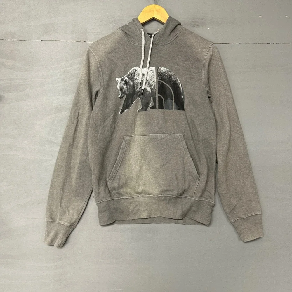 The North Face Mens Grey Grizzly Bear Logo Pullover Hoodie‎ Sweatshirt XS